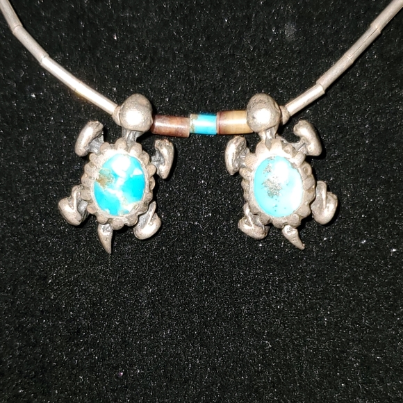 Two Turquoise Turtles Southwest Silver Bead Necklace Boho - Picture 6 of 11